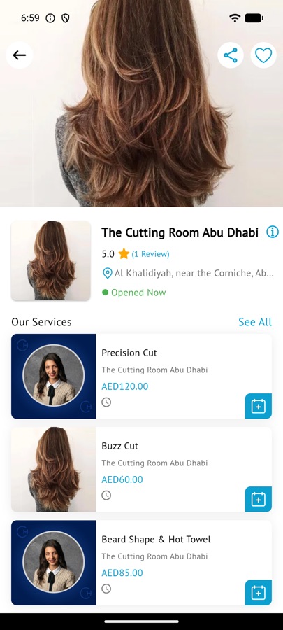 A salon page in the Tiin app showing services and prices